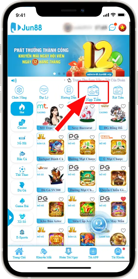 Bước 1: Tại Trang Chủ => Chọn NẠP TIỀN